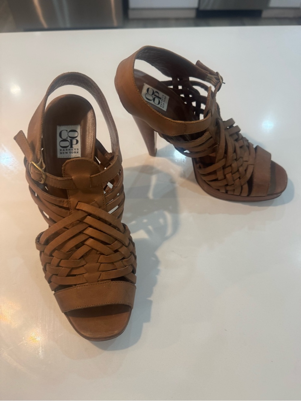 Barney’s Co Op Woven Tan High Heel Sandals 2004 brand new